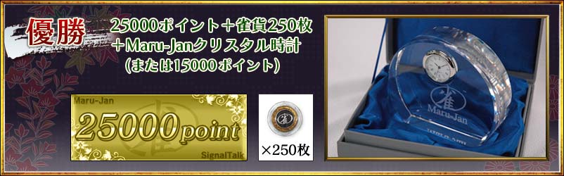 優勝
25000ポイント+雀貨250枚
Maru-Janクリスタル時計
(または15000ポイント)