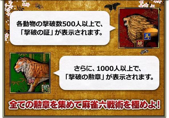 各動物の撃破数500人以上で、「撃破の証」が表示されます。さらに、1000人以上で、「撃破の勲章」が表示されます。全ての勲章を集めて麻雀六戦術を極めよ!