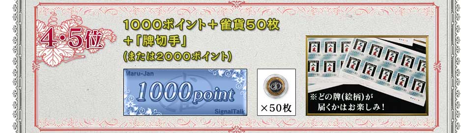 ４〜５位
Maru-Jan場代ポイント１０００ポイント
雀貨５０枚＋牌切手(または２０００ポイント)