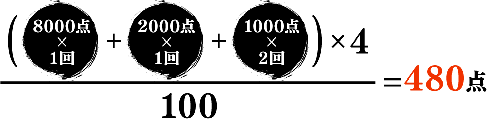 (8000×1+2000×1+1000×2)×4÷100＝480点