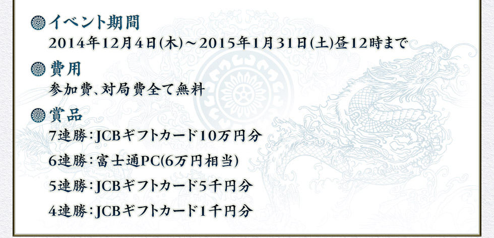 ٥ȴ  2014ǯ124()～2015ǯ131()12ޤ  ж̵  7ϢJCBեȥ10ʬ 6Ϣٻ̥Ρȥѥ 5ϢJCBեȥ5ʬ 4ϢJCBեȥ1ʬ