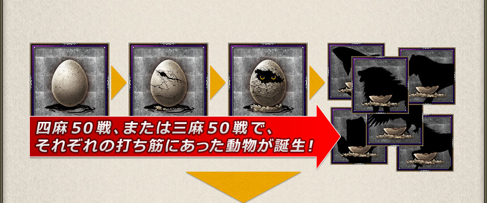 四麻50戦、または三麻50戦で、それぞれの打ち筋にあった動物が誕生!
