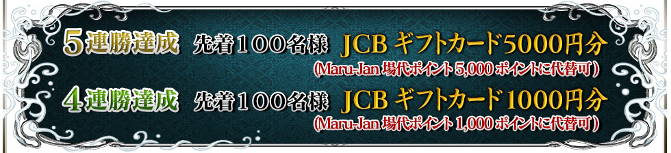5連勝達成 先着100名様 JCB商品券5000円分(Maru-Jan場代ポイント5,000ポイント)に代替可 4連勝達成 先着100名様 JCB商品券1000円分(Maru-Jan場代ポイント1,000ポイントに代替可)