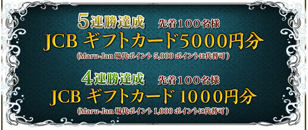 5連勝達成 先着100名様 JCBギフトカード5000円分(Maru-Jan場代ポイント5,000ポイントに代替可) 4連勝達成 先着100名様 JCBギフトカード1000円分(Maru-Jan場代ポイント1,000ポイントに代替可)
